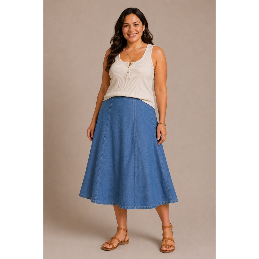 Chambray A Line Midi Skirt‎ Elastic Waist Side Zip Boho Cottagecore M 8/10